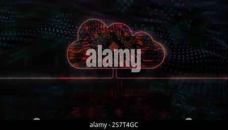 Image of cloud icon with computer circuit board over spots on black background Stock Photo