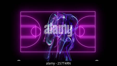 Neon basketball court lines with swirling abstract image in center Stock Photo