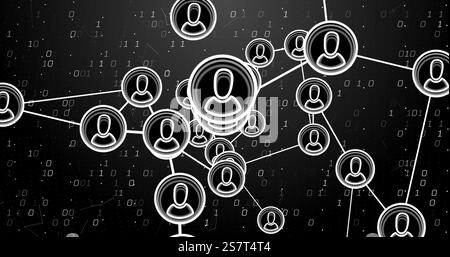 Image of network of connections with people icons and binary coding Stock Photo