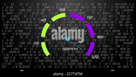 Image of digital data processing over speedometer and binary coding Stock Photo