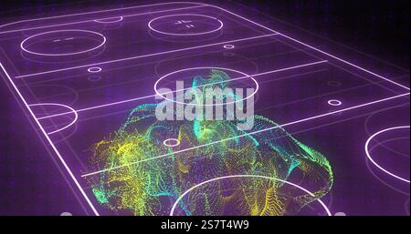 Basketball court with neon lines and abstract data processing image Stock Photo