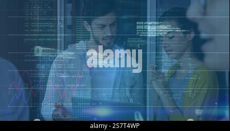 Financial data and coding image over business people discussing in office Stock Photo
