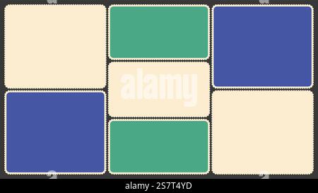 Scallop edged frame templates set. Bento collage grid shapes. Geometry modular moodboard borders with perforation. Label textboxes Lace frill pack. Tr Stock Vector