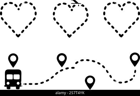 Dashed path and route icon set featuring heart shapes, map pins, and transportation symbols for travel and navigation concepts Stock Vector