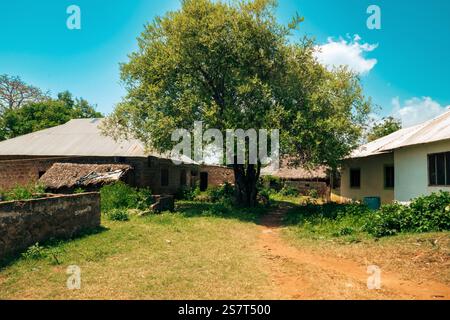 View of houses made from Coral Rocks at a Shirazi Tribe homestead in Funzi Island, Diani Beach, Kenya Stock Photo