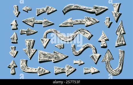 Arrows set. Crayon drawing pointers marks for collage. Vector hand drawn collection elements illustration. Stock Vector