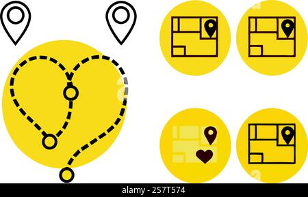 Minimalist dashed line icons with heart shaped paths, travel route pins, and transportation symbols for navigation illustrations Stock Vector