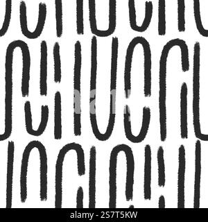 Abstract lines seamless pattern. Curved grunge stroke endless background. Wavy black brush ink shapes repeat cover. Pattern monochrome motif. Vector h Stock Vector