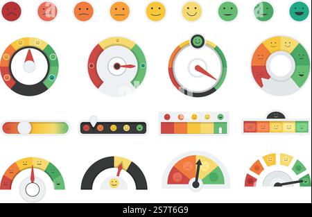 Service rating or mood scale, pain chart. Measuring happiness, speedometer emotions different levels. Customer satisfaction decent vector elements of feedback scale satisfaction illustration. Service rating or mood scale, pain chart. Measuring happiness, speedometer emotions different levels. Customer satisfaction decent vector elements Stock Vector