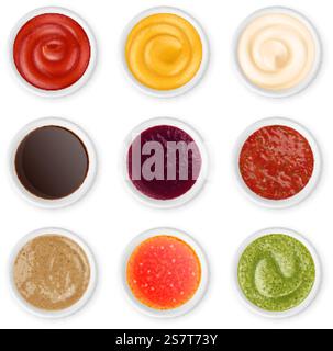Isolated realistic sauces top view in white bowls. Sauce condiments, dips or dressings for dishes. Pesto, ketchup and mayonnaise pithy vector set of sauce homemade gourmet illustration. Isolated realistic sauces top view in white bowls. Sauce condiments, dips or dressings for dishes. Pesto, ketchup and mayonnaise pithy vector set Stock Vector