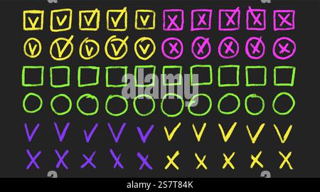Set of checkboxes highlighting. Tick and check marks pack. Cross and v sign pencil drawn. Correct and wrong symbols. Vector doodle collection illustra Stock Vector