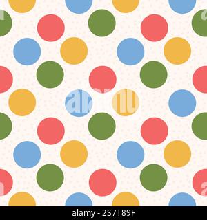 Polka dots seamless pattern. Circle confetti endless background. Birthday round elements repeat cover. Colorful chaotic spots continuous ornament. Sur Stock Vector