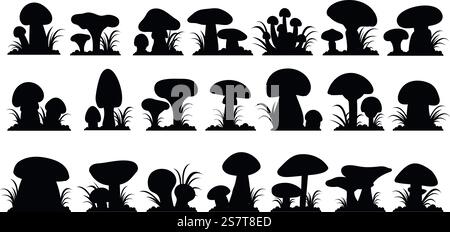 Black mushroom silhouettes, fungus in grass icons. Forest mushrooms graphic elements, decorative stickers. Nature organic vegan food, decent vector set fungus mushroom, black silhouette illustration. Black mushroom silhouettes, fungus in grass icons. Forest mushrooms graphic elements, decorative stickers. Nature organic vegan food, decent vector set Stock Vector