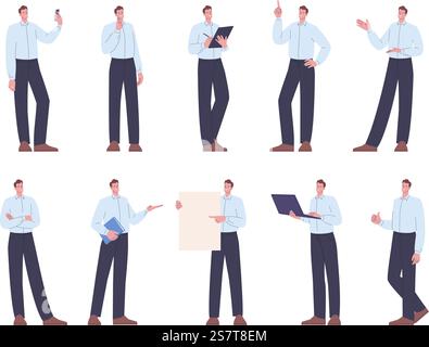 Different poses man character. Young businessman posing, using laptop, point up and on display. Adult casual worker kicky vector characters young, businessman illustration. Different poses man character. Young businessman posing, using laptop, point up and on display. Adult casual worker kicky vector characters Stock Vector
