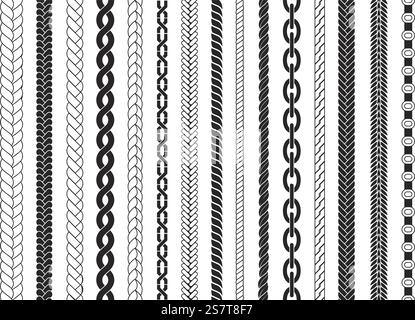 Braids seamless pattern. Braid brushes decorative elements for design. Ropes and chains textures, strings knitted decent vector decorations of seamless pattern decoration illustration. Braids seamless pattern. Braid brushes decorative elements for design. Ropes and chains textures, strings knitted decent vector decorations Stock Vector