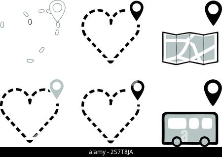 Creative line art icon set showing heart shaped routes, bus and travel paths, and navigation markers for design and mapping purposes Stock Vector