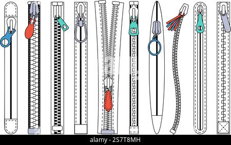 Flat zippers with pullers. Isolated zipper fastener, clothing industry and tailor elements. Clasp for children and adult clothes, decent vector set of apparel wear accessories illustration. Flat zippers with pullers. Isolated zipper fastener, clothing industry and tailor elements. Clasp for children and adult clothes, decent vector set Stock Vector