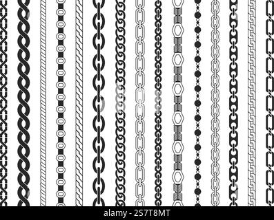 Chain brushes seamless pattern. Chains thread, jewelry black silhouette. Technical structure, machine or cable elements decent vector set of chain pattern brush illustration. Chain brushes seamless pattern. Chains thread, jewelry black silhouette. Technical structure, machine or cable elements decent vector set Stock Vector