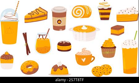Fall pumpkin spice latte. Cupcakes and autumn desserts, hot sweet drinks in mug and food. Pie slice and donut, cookies snugly vector clipart of coffee and pie sweet illustration. Fall pumpkin spice latte. Cupcakes and autumn desserts, hot sweet drinks in mug and food. Pie slice and donut, cookies snugly vector clipart Stock Vector