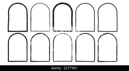 Grunge arch frames set. Door shapes modern black Vector hand drawn collection illustration isolated on white background. Stock Vector