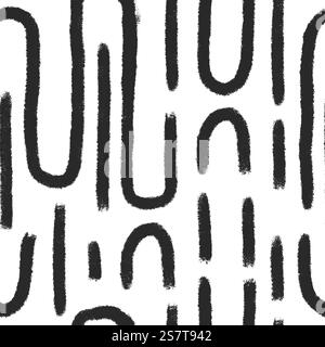 Abstract maze lines seamless pattern. Curved grunge stroke endless background. Black brush ink shapes repeat cover. Tribal continuous ornament. Patter Stock Vector