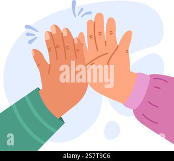 High five salute concept. Friends hands union, friendship or work colleagues hello. Palms clap each other, team or buddy snugly gesture, vector scene. Illustration of high five hand. High five salute concept. Friends hands union, friendship or work colleagues hello. Palms clap each other, team or buddy snugly gesture, vector scene Stock Vector
