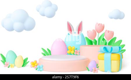 Easter 3d concept. Nature garden objects, bunnies ears in egg and gift box. Spring holiday decoration. Empty podiums and clouds, pithy vector banner of easter spring decoration illustration. Easter 3d concept. Nature garden objects, bunnies ears in egg and gift box. Spring holiday decoration. Empty podiums and clouds, pithy vector banner Stock Vector