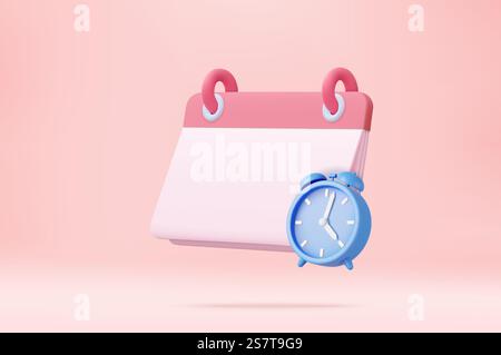 3d calendar icon for reminder day in blue background. Calendar with clock 3d for date time appointment, event day, holiday planning. 3d rendering. Vector illustration. 3d calendar icon Stock Vector