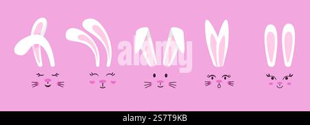 Cute bunny ears and faces. Face rabbit, tiny bunnies and rabbits easter graphic. Cartoon childish mask, decorative animal neoteric vector elements of character rabbit holiday illustration. Cute bunny ears and faces. Face rabbit, tiny bunnies and rabbits easter graphic. Cartoon childish mask, decorative animal neoteric vector elements Stock Vector