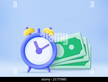 Time is money, business and finance concept. Quick payment, clock and cash, fast loan, easy credit. Time money saving. Timer and finance. Quick money. 3d rendering. Vector illustration. Time is money, business and finance concept. Stock Vector