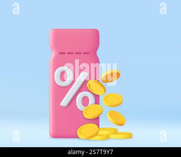 3d Coupon with Percent Symbol and Coins. Voucher card cash back template design. Premium special price offers sale coupon. 3d rendering. Vector illustration. 3d Coupon with Percent Symbol and Coins Stock Vector