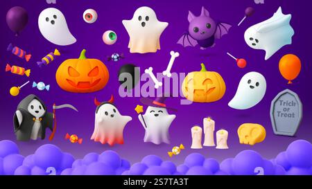 Halloween 3d elements. Horror mystery cartoon ghosts, pumpkin and bat. Monster characters, witch hat and candy render. Party vector elements. Illustration of mystery holiday and horror halloween ghost. Halloween 3d elements. Horror mystery cartoon ghosts, pumpkin and bat. Monster characters, witch hat and candy render. Party pithy vector plasticine elements Stock Vector