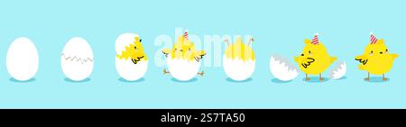 Chick hatching process, yellow chicken in eggs. Cute cartoon bird hatch egg and growth chickens. Scratch eggshell, nowaday newborn birthday vector concept of bird chicken egg illustration. Chick hatching process, yellow chicken in eggs. Cute cartoon bird hatch egg and growth chickens. Scratch eggshell, nowaday newborn birthday vector concept Stock Vector