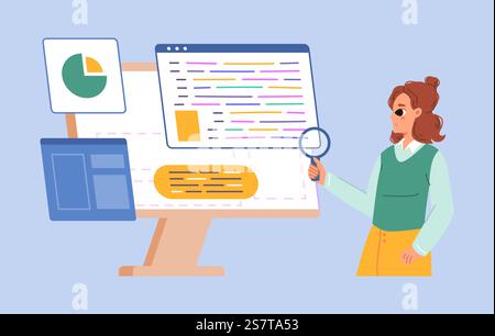 Cartoon girl looking magnifying glass and find information. Programming developer audit or digital testing, teenager geek vector character. Illustration of search program or software. Cartoon girl looking magnifying glass and find information. Programming developer audit or digital testing, teenager geek vector character Stock Vector