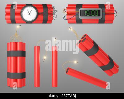 Realistic 3d red dynamite bombs. Detonator tnt bomb and explosive dynamites with timers. Isolated weapon and firecracker, pithy vector elements of tnt to explosion dangerous illustration. Realistic 3d red dynamite bombs. Detonator tnt bomb and explosive dynamites with timers. Isolated weapon and firecracker, pithy vector elements Stock Vector