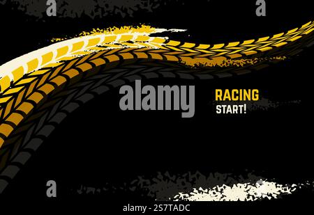 Automotive banner with tyre, abstract transport brochure, motorcycle racing background. Vehicle tires track, grunge rally neoteric vector poster of off-road tyre illustration. Automotive banner with tyre, abstract transport brochure, motorcycle racing background. Vehicle tires track, grunge rally neoteric vector poster Stock Vector