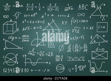Hand drawn math signs on chalk board. Graphic and formula, mathematical, geometric or physic doodle on blackboard, neoteric vector symbols of chalk sketch calculation illustration. Hand drawn math signs on chalk board. Graphic and formula, mathematical, geometric or physic doodle on blackboard, neoteric vector symbols Stock Vector
