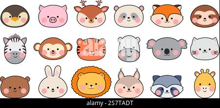 Kawaii faces animal avatars. Cute animals icons, zoo asian style cartoon characters. Funny chinese or korean stickers nowaday vector set of animal face happy kawaii. Kawaii faces animal avatars. Cute animals icons, zoo asian style cartoon characters. Funny chinese or korean stickers nowaday vector set Stock Vector