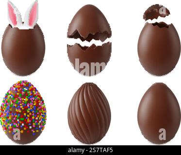 Chocolate easter realistic eggs. 3d egg surprise, easter children cracked chocolates candy. Broken symbol with bunny ears, pithy vector set of surprise chocolate and sweet food illustration. Chocolate easter realistic eggs. 3d egg surprise, easter children cracked chocolates candy. Broken symbol with bunny ears, pithy vector set Stock Vector
