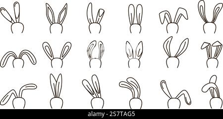 Doodle rabbit ears. Tiny sketch bunny various ear, black easter decorations. Abstract fun decorative elements, isolated play neoteric vector set of linear rabbit or bunny illustration. Doodle rabbit ears. Tiny sketch bunny various ear, black easter decorations. Abstract fun decorative elements, isolated play neoteric vector set Stock Vector