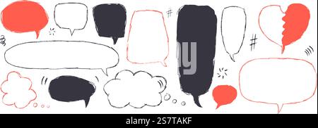 Speech bubbles set. Crayon doodle text frames. Chat dialog boxes. Comic talk clouds by chalk or pencil isolated on white background. Childish style qu Stock Vector