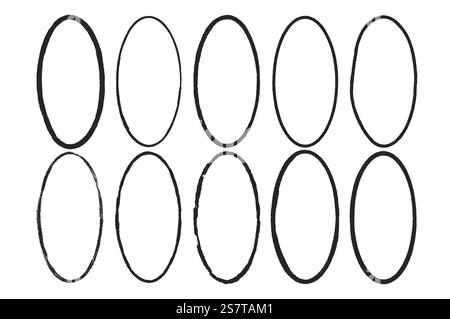 Grunge set of ellipse frames. Oval shapes modern black. Vector hand drawn border collection illustration isolated on white background. Stock Vector