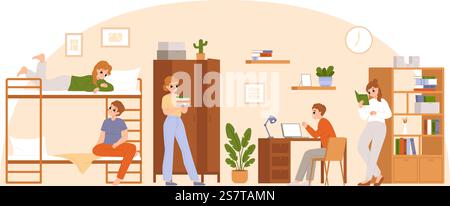 College dormitory. Student hostel area, dorm room and roommates. Teenagers in camp, students accommodation in bedroom. Snugly vector young life. Illustration college student dormitory. College dormitory. Student hostel area, dorm room and roommates. Teenagers in camp, students accommodation in bedroom. Snugly vector young life Stock Vector