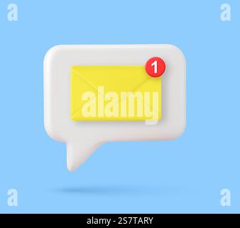 3d Email icon on white bubble. Newsletter yellow envelop, mail message reminder notification with red marker. Delivered sms. Vector illustration.. 3d Email icon Stock Vector