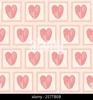 Hearts crayon drawn on square frame seamless pattern. Valentines day retro doodle rectangle borders repeat background. Vector hand drawn illustration. Stock Vector