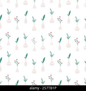 Flowers in vases seamless pattern. Floral elements, bouquets with flower and green branches. Decorative fabric fashion print, vector decor texture of floral background and trendy pattern illustration. Flowers in vases seamless pattern. Floral elements, bouquets with flower and green branches. Decorative fabric fashion print, vector decor texture Stock Vector