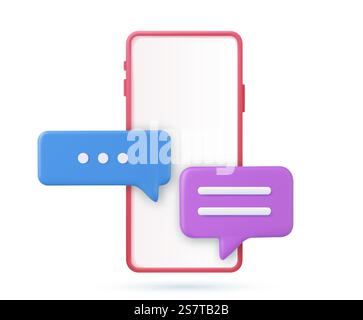 3D render smartphone with floating chat bubbles, social media chat app trendy. concept of online talking, conversation, discussion. Vector illustration. 3D render smartphone with floating chat Stock Vector