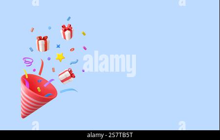 3D Party popper with explosion confetti and gift boxes. Birthday surprise. Firecracker with serpentine. Holiday and event celebration. 3d rendering. Vector illustration. 3D Party popper Stock Vector