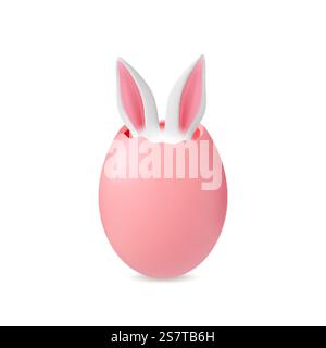 Realistic 3d easter egg with bunnies ears. Rabbit festive, isolated eggs hunting graphic elements. Cracked shell, render vector design of egg easter with rabbit or bunny illustration. Realistic 3d easter egg with bunnies ears. Rabbit festive, isolated eggs hunting graphic elements. Cracked shell, render vector design Stock Vector