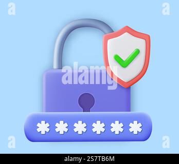 3d security shield lock check mark.Password protected icon. secure login concept. 3d rendering. security concept padlock login password. Vector illustration. 3d security shield lock check mark Stock Vector